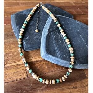 Sterling Silver Jasper Beaded Necklace Green Brown Stone 925